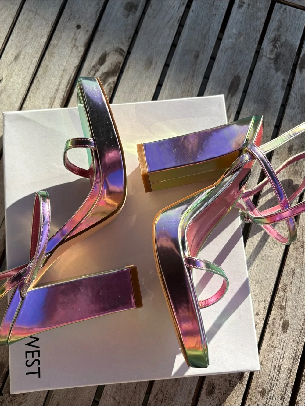 Nine West Iridescent Pink Purple Metallic Platform Sandals Sz 7M